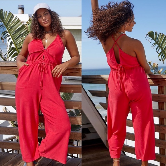Anthropologie Pants - Daily Practice Anthropologie Pink Kit Kat Jumpsuit Size XL Wide leg pocket